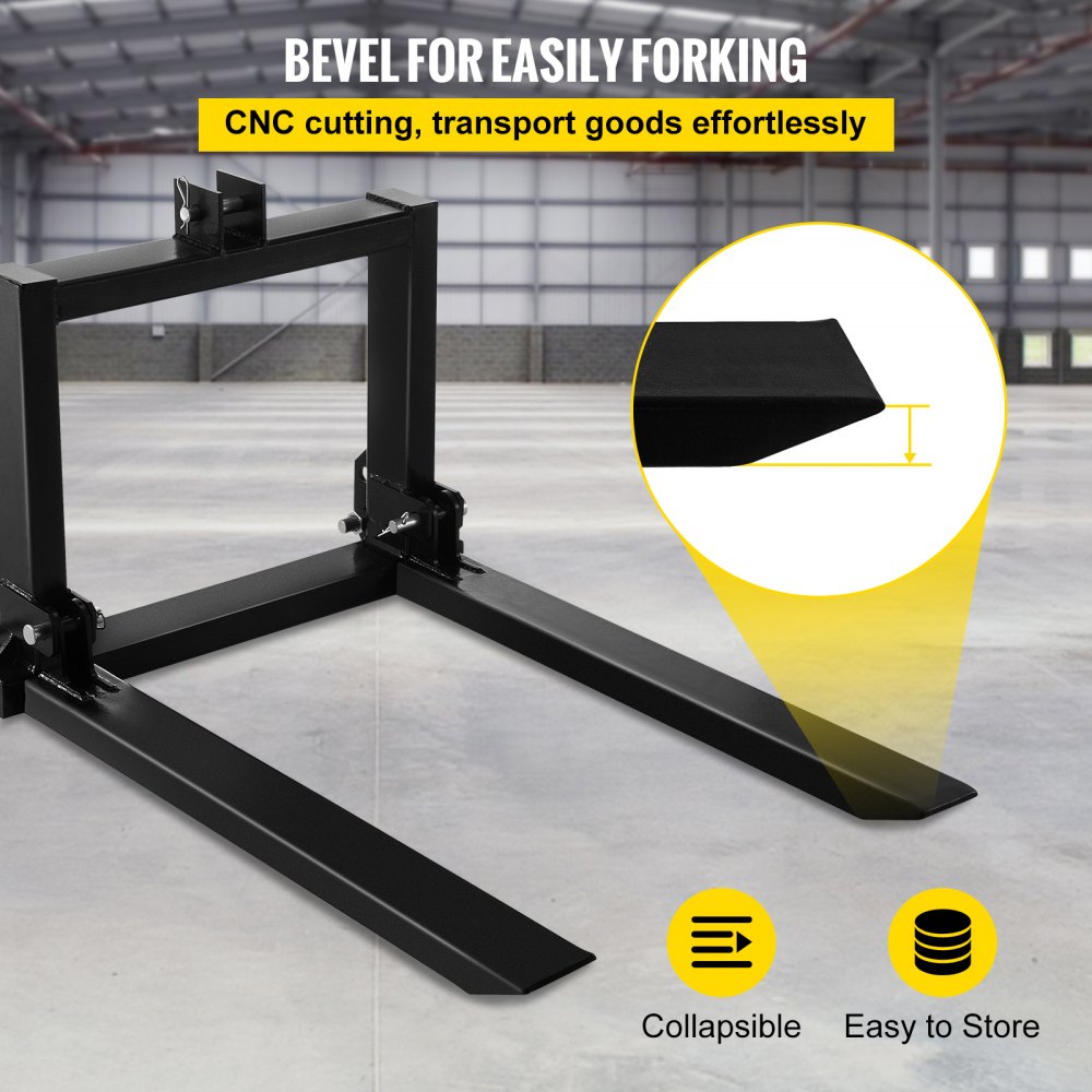 VEVOR 3 Point Hitch Pallet Fork 907.2 kg, Fork Attachment for Category 1 Tractor, 64.8x55.9x104.1 cm, Steel Tractor Heavy Equipment Attachment, for Tractor, Skid Steer Loader
