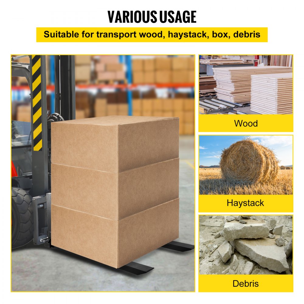 VEVOR 3 point hitch pallet fork transporting boxes, wood, haystack, and debris.