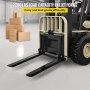 VEVOR 3 point hitch pallet fork on forklift with boxes in background, 2200 lbs capacity.