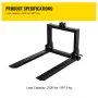 VEVOR 3 Point Hitch Pallet Fork 907.2 kg, Fork Attachment for Category 1 Tractor, 64.8x55.9x104.1 cm, Steel Tractor Heavy Equipment Attachment, for Tractor, Skid Steer Loader