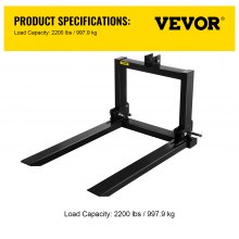 VEVOR 3 Point Hitch Pallet Fork 2000lbs, Fork Attachment for Category 1 Tractor, 25.5'x22'x41', Steel Tractor Heavy Equipment Attachment, for Tractor, Skid Steer Loader