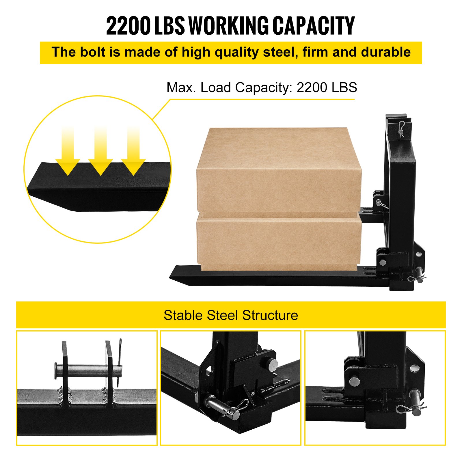 VEVOR 3 Point Hitch Pallet Fork 907.2 kg, Fork Attachment for Category 1 Tractor, 64.8x55.9x104.1 cm, Steel Tractor Heavy Equipment Attachment, for Tractor, Skid Steer Loader