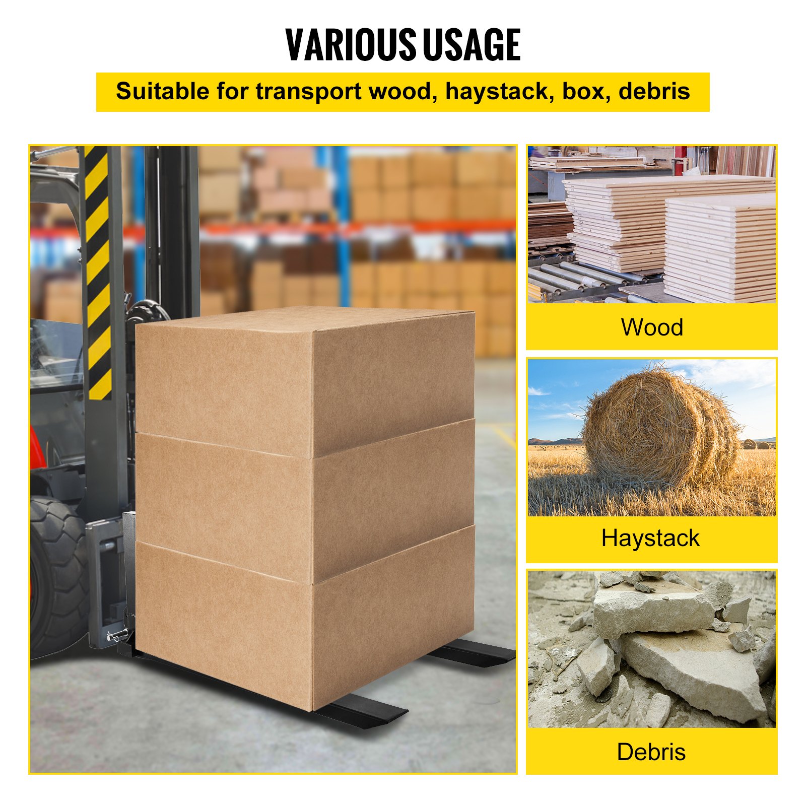 VEVOR 3 point hitch pallet fork transporting boxes, wood, haystack, and debris.