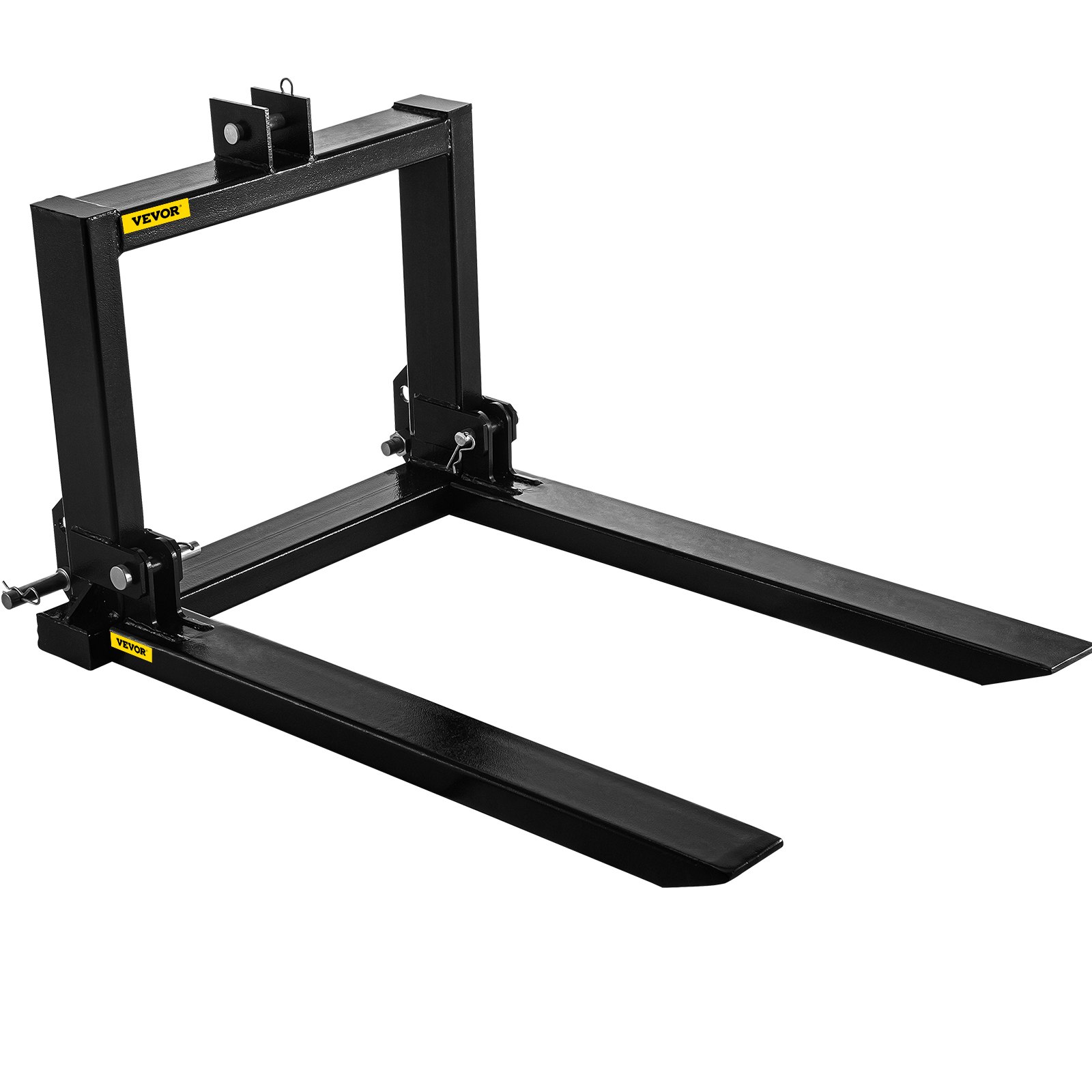 VEVOR 3 point hitch pallet fork with black steel frame and adjustable fork blades.