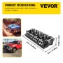 VEVOR cylinder head replacement specifications with trucks in off-road and parking lot.