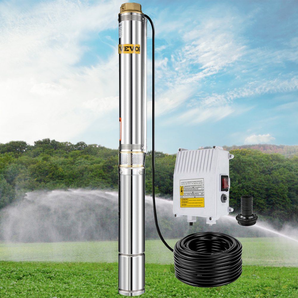 VEVOR Deep Well Pump 423ft 2HP 100L/MIN Stainless Steel Underwater Bore Submersible Pump 220V Deep Well Water Pump with Control Box