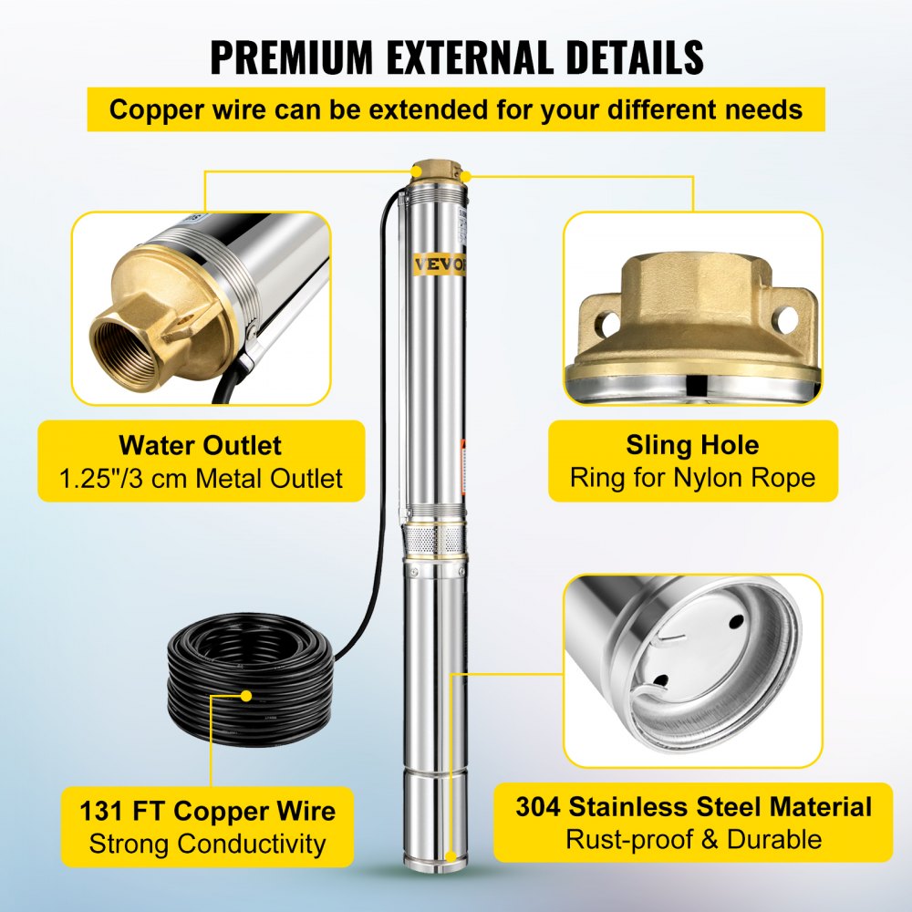 VEVOR Well Pump 2 HP 220V Submersible Well Pump 423ft Head 26GPM Stainless Steel Deep Well Pump 131 ft Cable for Industrial and Home Use