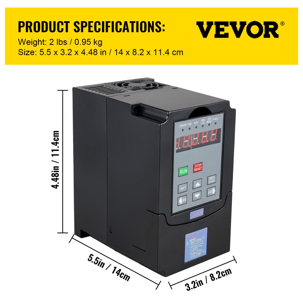 VEVOR vfd 2.2kw, weight: 2 lbs, dimensions: 14x8.2x11.4 cm, black, digital display.