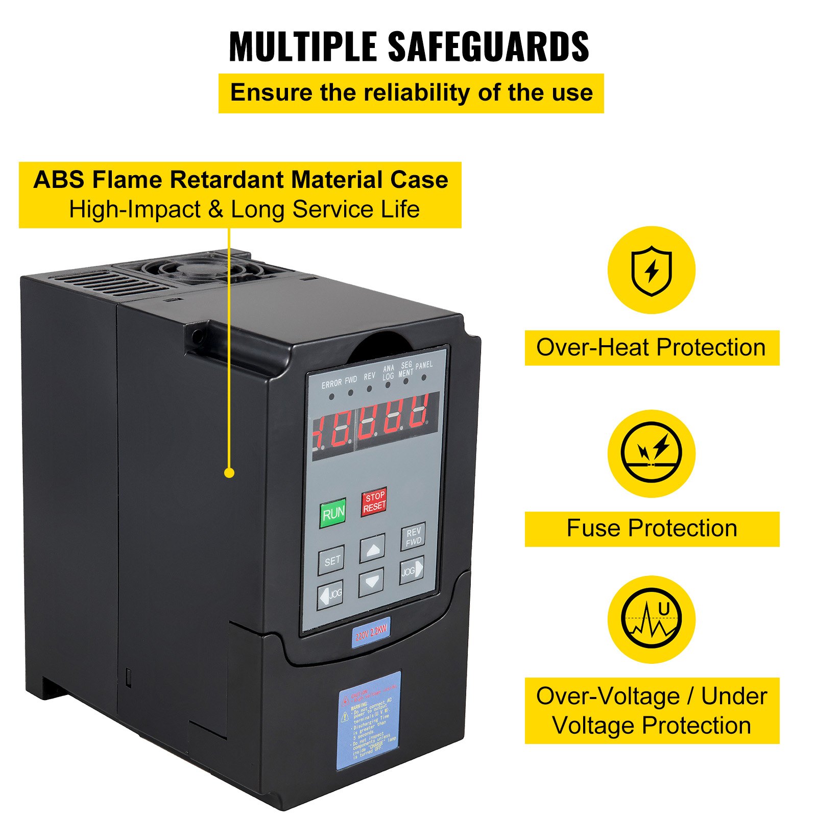 VEVOR vfd 2.2kw with abs case and multi-safeguards: heat, fuse, voltage protection.