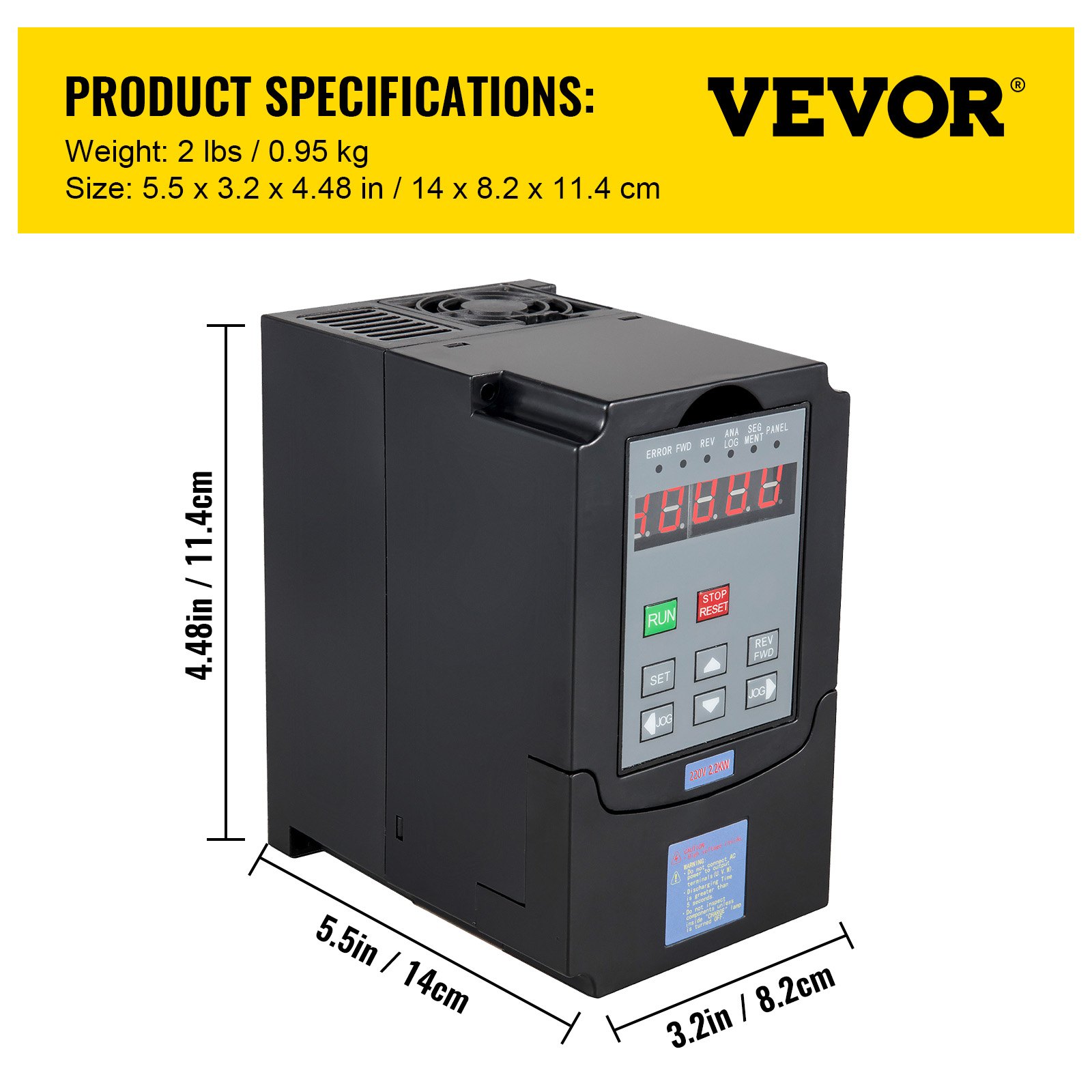 VEVOR vfd 2.2kw, weight: 2 lbs, dimensions: 14x8.2x11.4 cm, black, digital display.