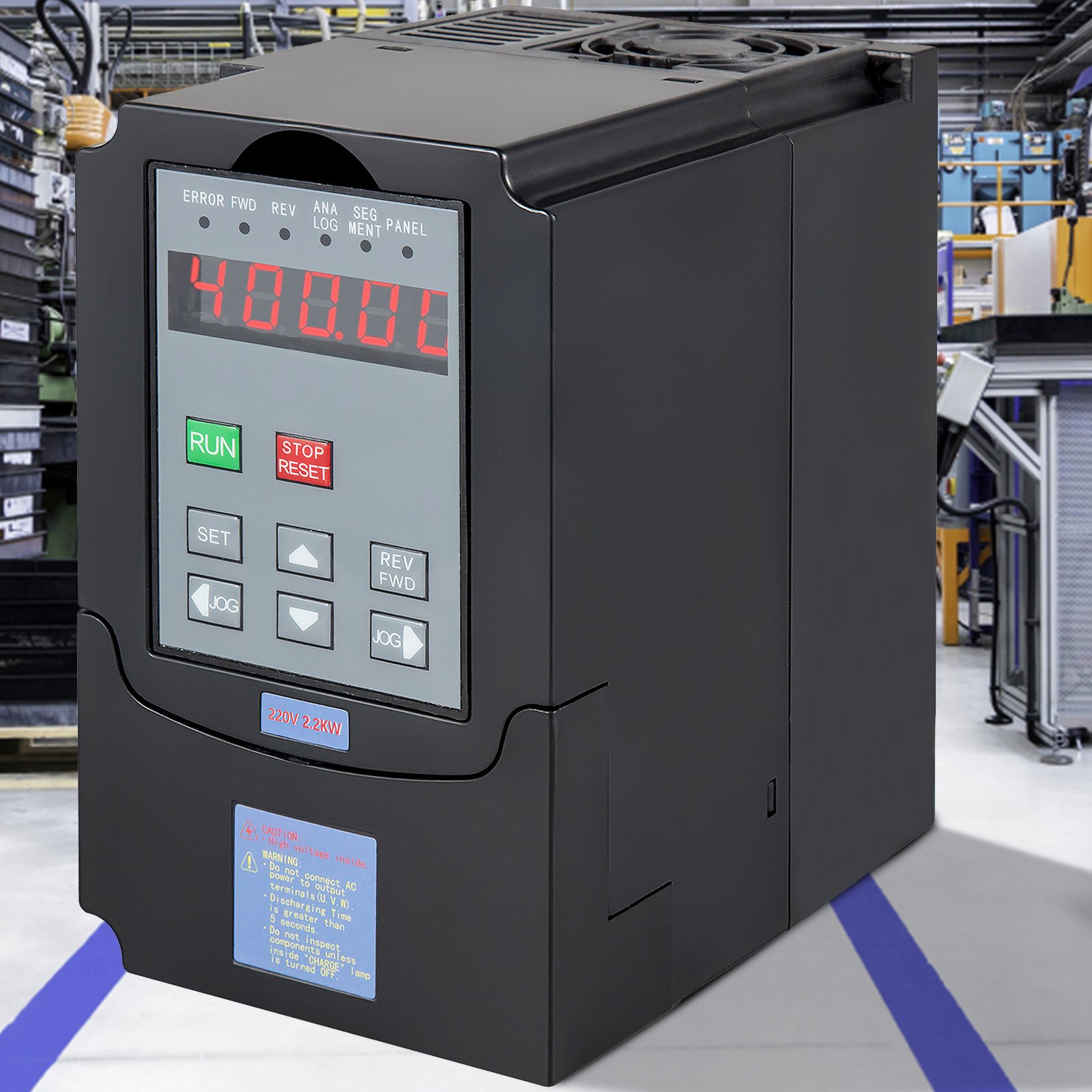 VEVOR vfd 2.2kw in an industrial setting with digital display showing 400.0c
