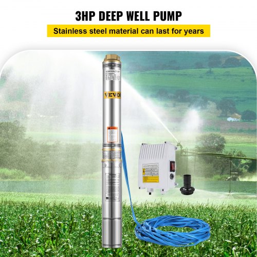 VEVOR Stainless Steel Submersible Well Pump 220V Submersible Pump for Wells 2.2KW Depth Pump Up to 70m Flow Rate 14000L / H Submersible Pump with 20m Cable
