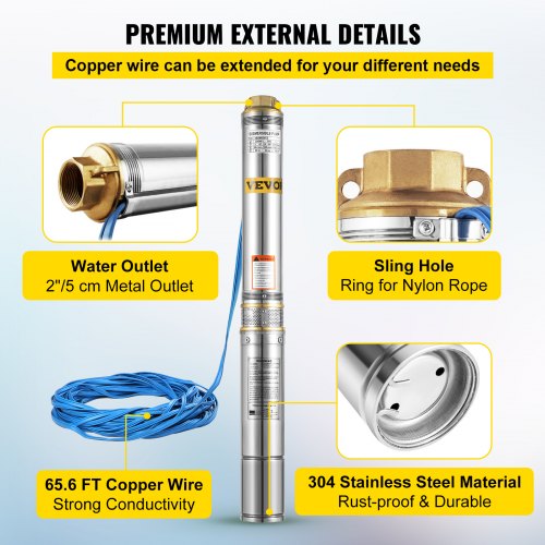 VEVOR Stainless Steel Submersible Well Pump 220V Submersible Pump for Wells 2.2KW Depth Pump Up to 70m Flow Rate 14000L / H Submersible Pump with 20m Cable