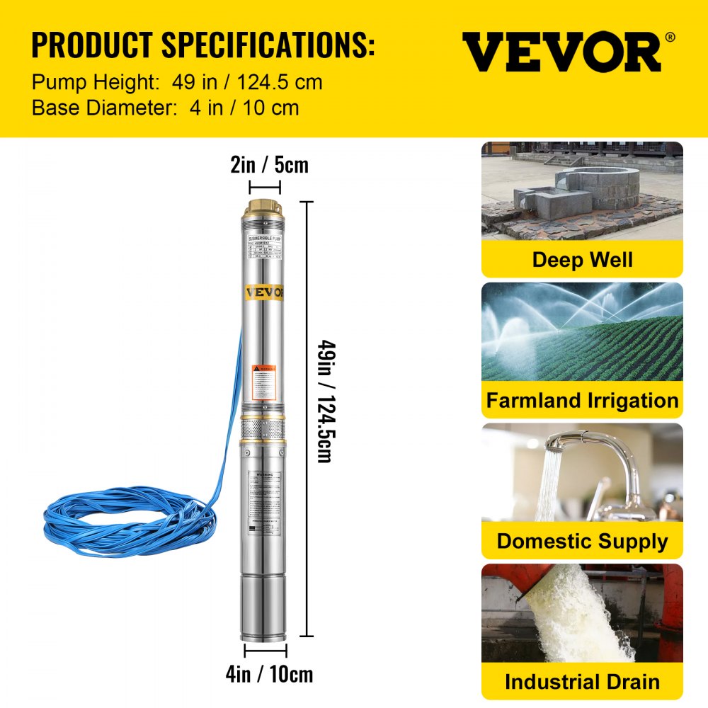 VEVOR 4" Submersible Bore Pump 3HP Deep Well Pump Irrigation 240V 20M Cable