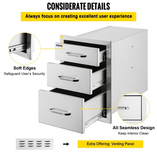 Vevor Stainless Steel 3 Chest Of Drawers W/handle 35*58cm Bbq Storage Cabinet