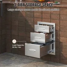 VEVOR Outdoor Kitchen Drawers 14" W x 20.3" H x 23" D, Flush Mount Triple Access BBQ Drawers Stainless Steel with Handle, BBQ Island Drawers for Outdoor Kitchens or Patio Grill Station