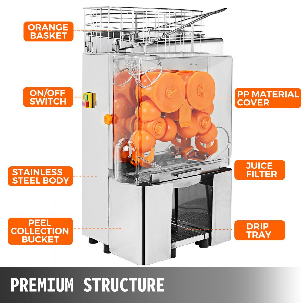 VEVOR Electric Orange Juicer Commercial Squeezer Machine Lemon Automatic Auto Feed, 110V, 304 Stainless Steel