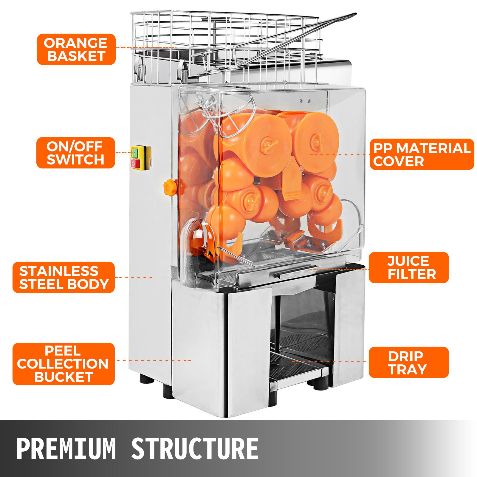 VEVOR Commercial Orange Juicer Machine Stainless Steel,Orange Juicer Squeezer Machine,Citrus Juicer Electric Fruit Juicer Machine Feed up to 20 Oranges/Min for Squeezing Orange Lemons Juice