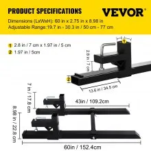VEVOR Pallet Forks 43" 2000 Lbs Max, Clamp On Tractor Bucket Forks with Adjustable Stabilizer Bar, Heavy Duty Front Loader Forks 60" Total Length, Fork Attachment for Skid Steer,Loader Bucket