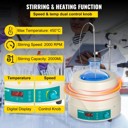 VEVOR 2000ML Magnetic Stirrer Heating Mantle 450W Electric Digital Heating Mantle Lab Equipment Round Bottom for Liquid Heating and Stirring
