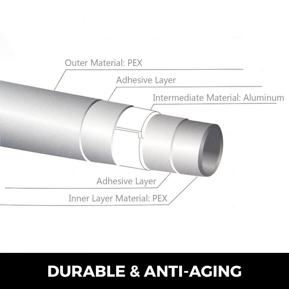 cross-section of VEVOR pex-al-pex tubing showcasing its multi-layer structure. durable &amp; anti-aging.