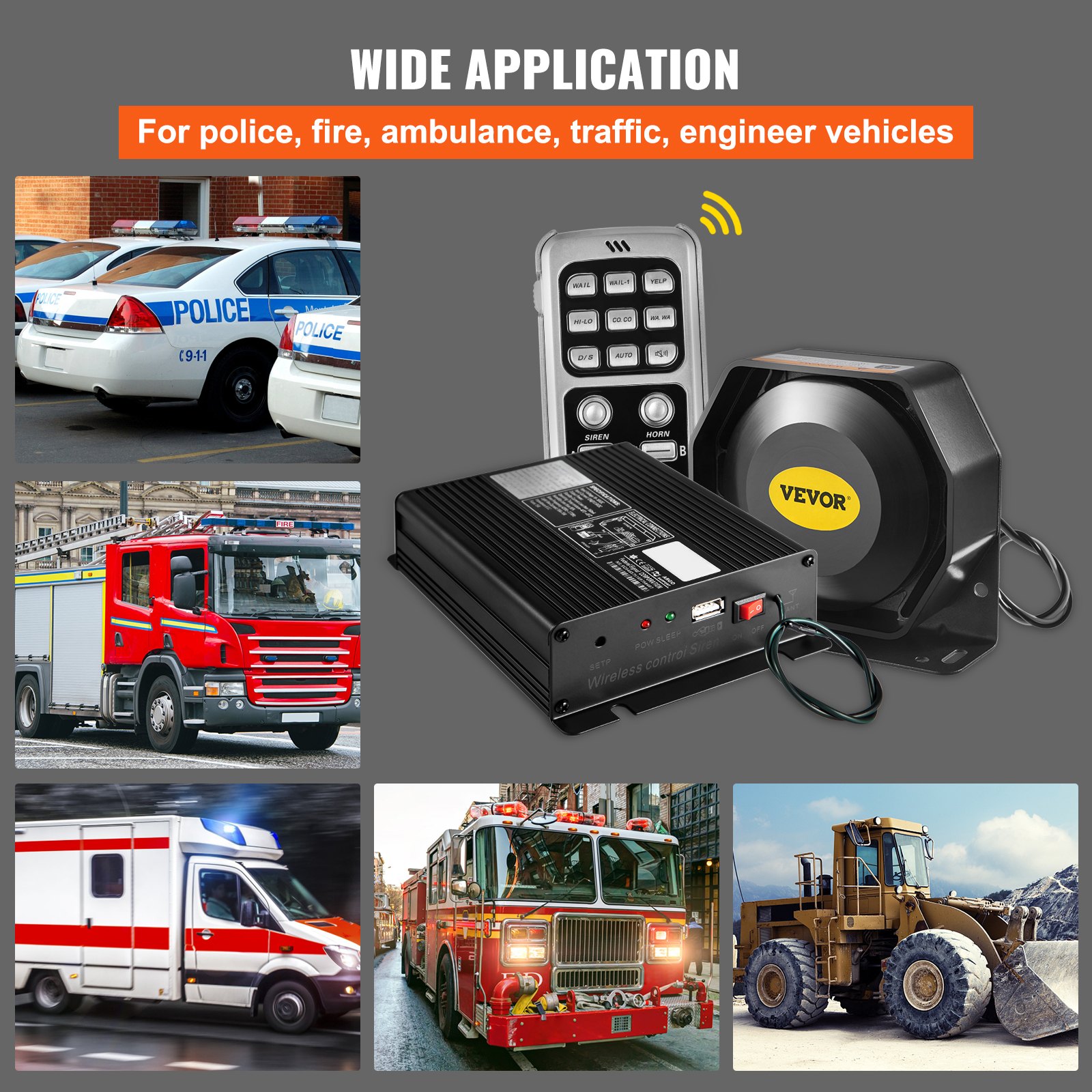 VEVOR Police Siren PA System with Compact Speaker, 12V 200W 18 Tone, Horn Wireless Handheld Microphone Warning Emergency Siren for Vehicles Truck UTV ATV Car