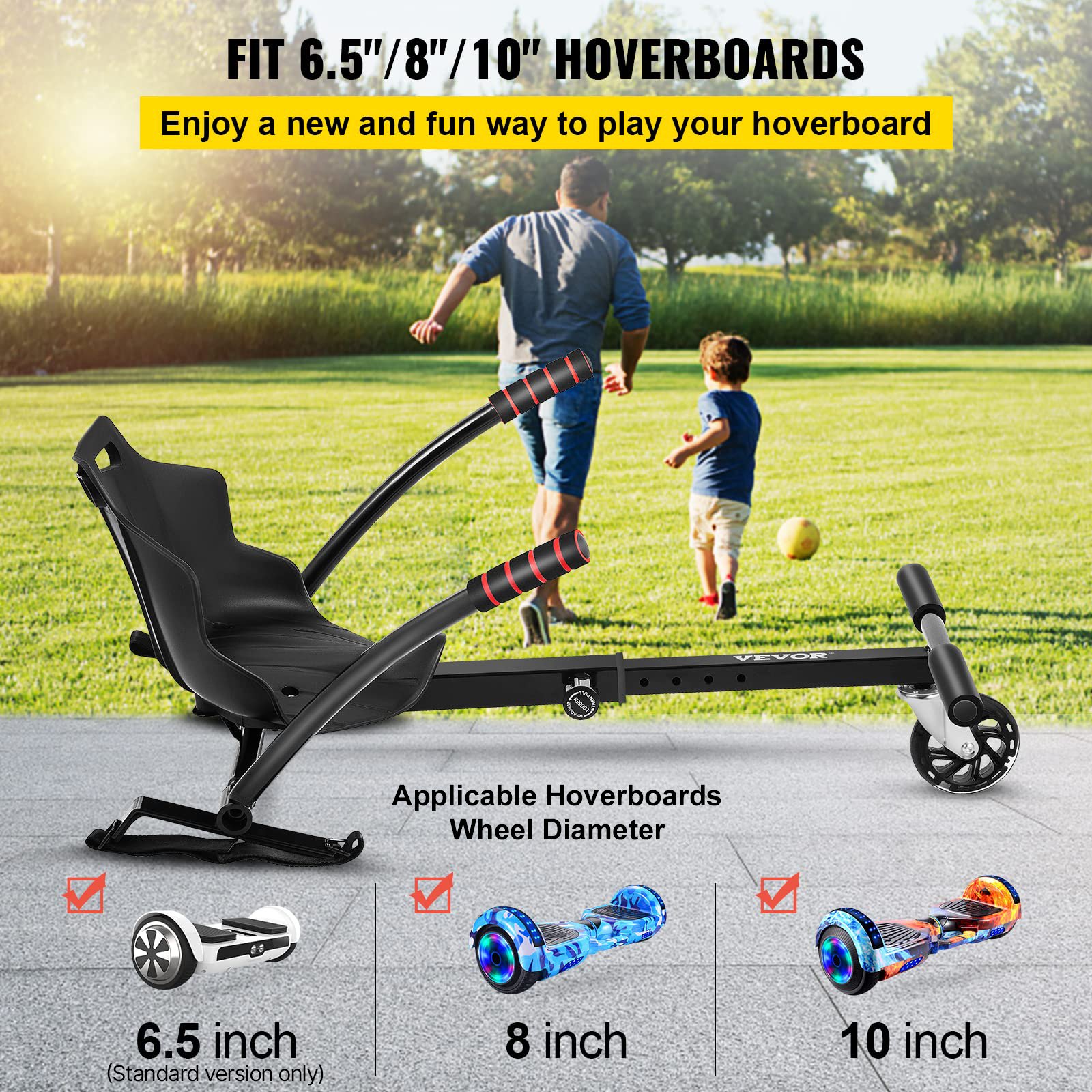 VEVOR Hoverboard Seat Attachment for 6.5\" 8\" 10\" Self Balancing Scooter, Hoverboard Kart for Kids or Adults, Black Hoverboard Attachments Adjustable Frame Length