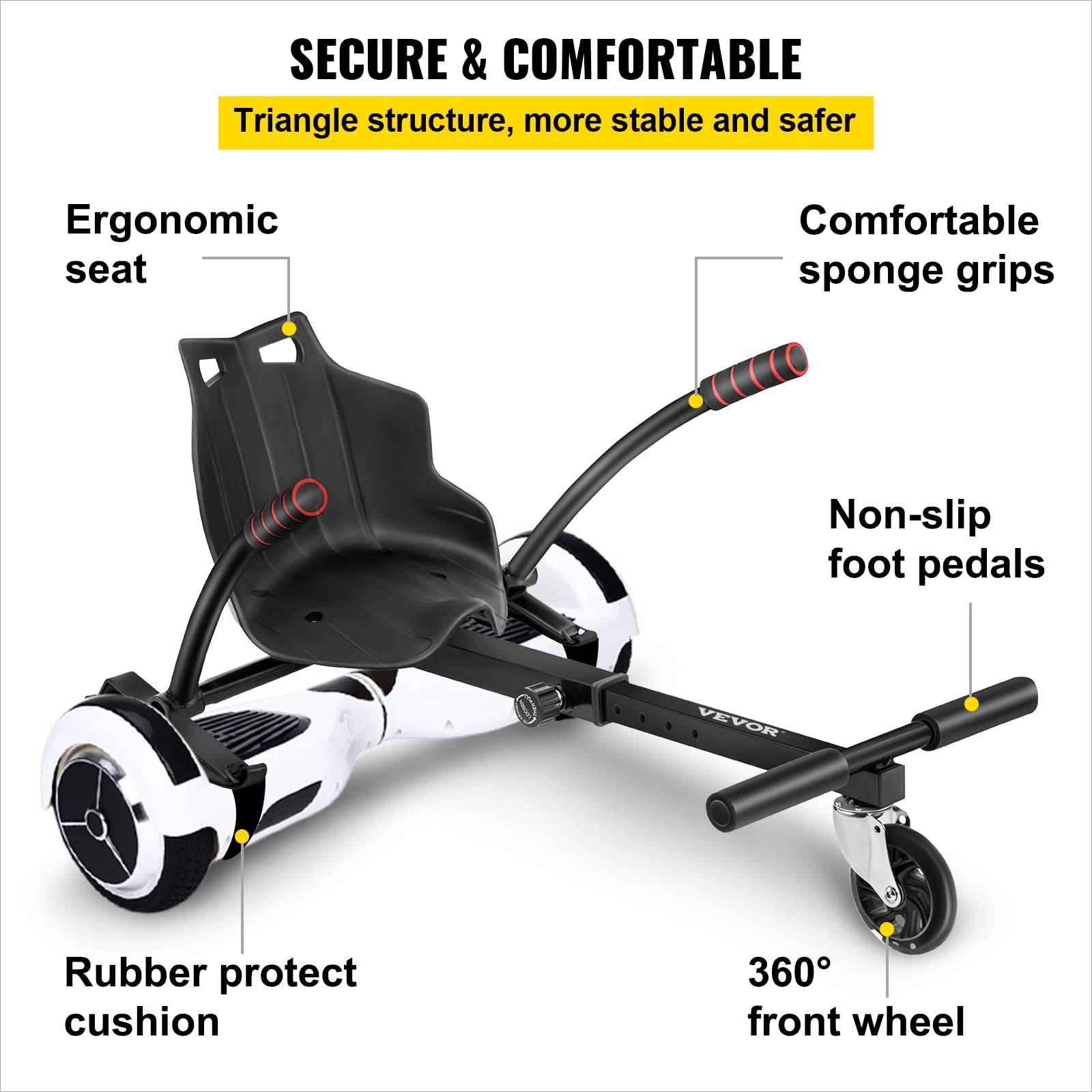 VEVOR Hoverboard Seat Attachment for 6.5\" 8\" 10\" Self Balancing Scooter, Hoverboard Kart for Kids or Adults, Black Hoverboard Attachments Adjustable Frame Length