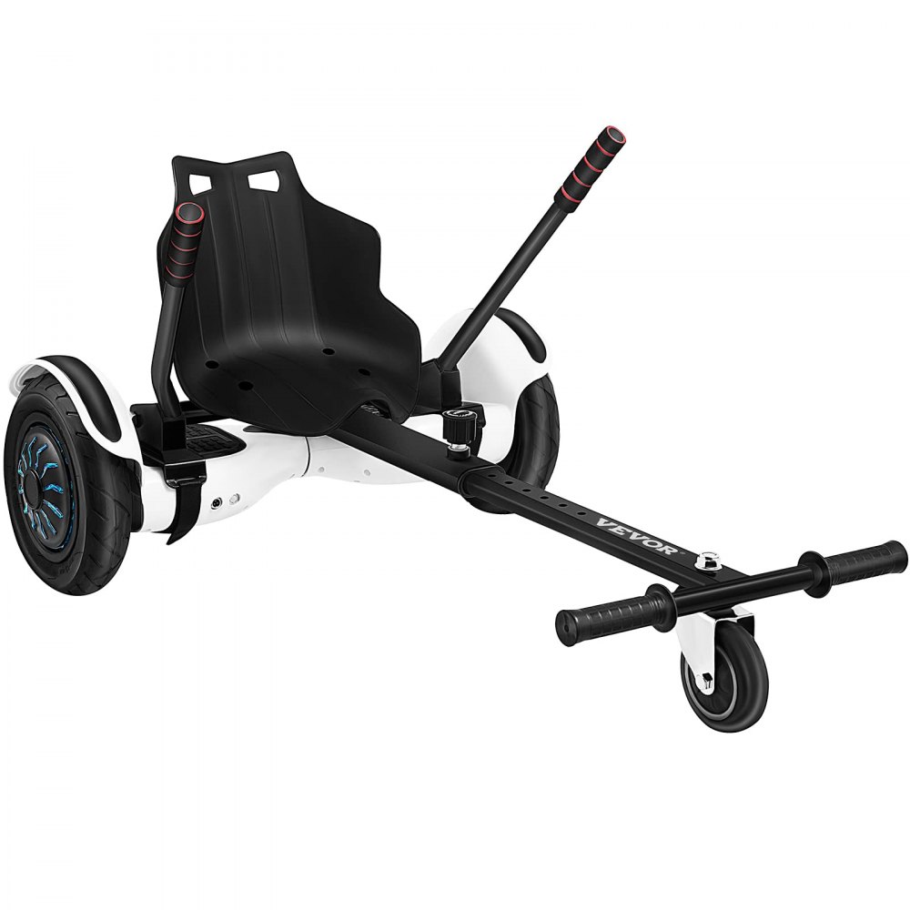 VEVOR hoverboard go-kart attachment with black seat and handlebars, white frame.