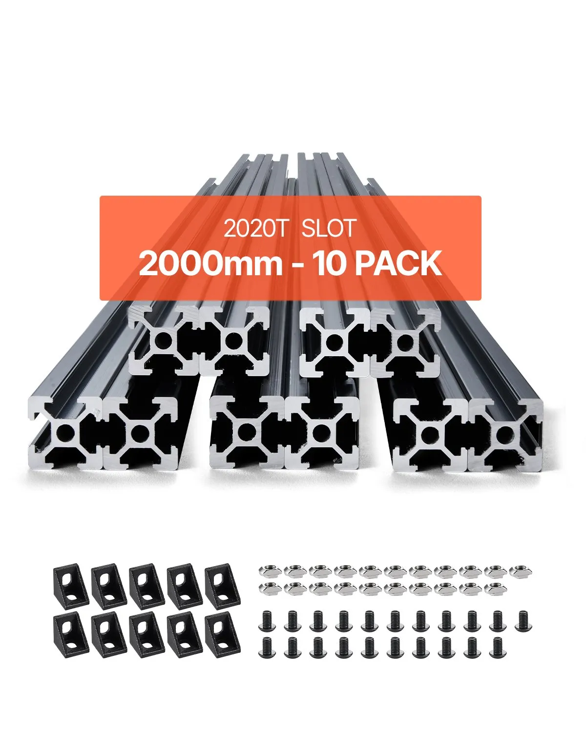 VEVOR 10PCS 78.7in (2000mm) T Slot 2020 Aluminum Extrusion Profile, European Standard Anodized Linear Rail, High-Strength Extruded Aluminum Rail for 3D Printer, CNC Machine DIY, Laser Engraving, Black