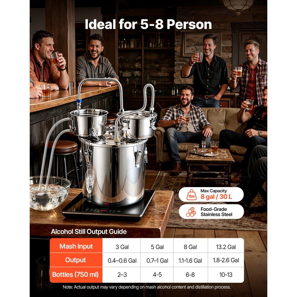 VEVOR Alcohol Still, 8 GAL/ 30L Alcohol Distiller with Thumper Keg, Dual-scale Thermometer, and Water Pump, Home Brewing Kit for DIY Whiskey Wine Brandy