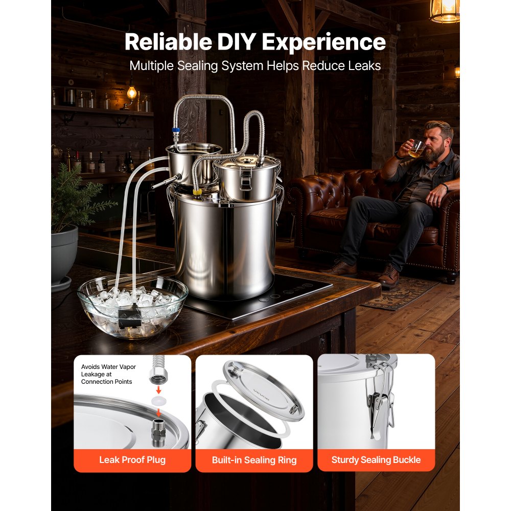 VEVOR Alcohol Still, 8 GAL/ 30L Alcohol Distiller with Thumper Keg, Dual-scale Thermometer, and Water Pump, Home Brewing Kit for DIY Whiskey Wine Brandy