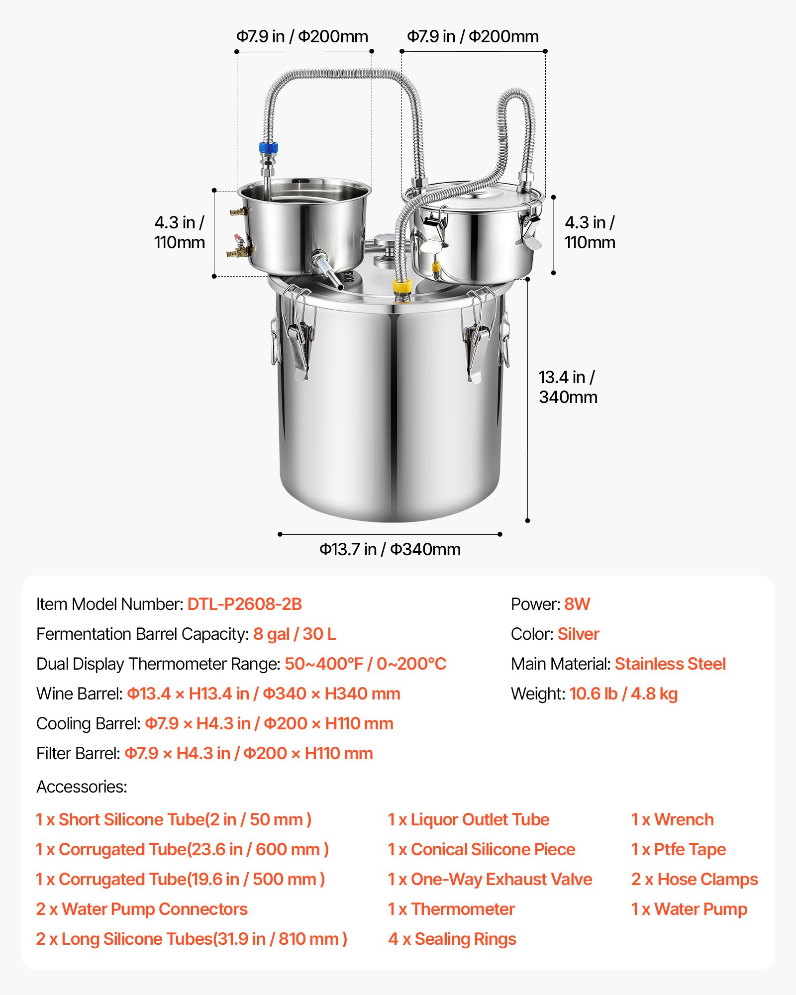VEVOR Alcohol Still, 8 GAL/ 30L Alcohol Distiller with Thumper Keg, Dual-scale Thermometer, and Water Pump, Home Brewing Kit for DIY Whiskey Wine Brandy