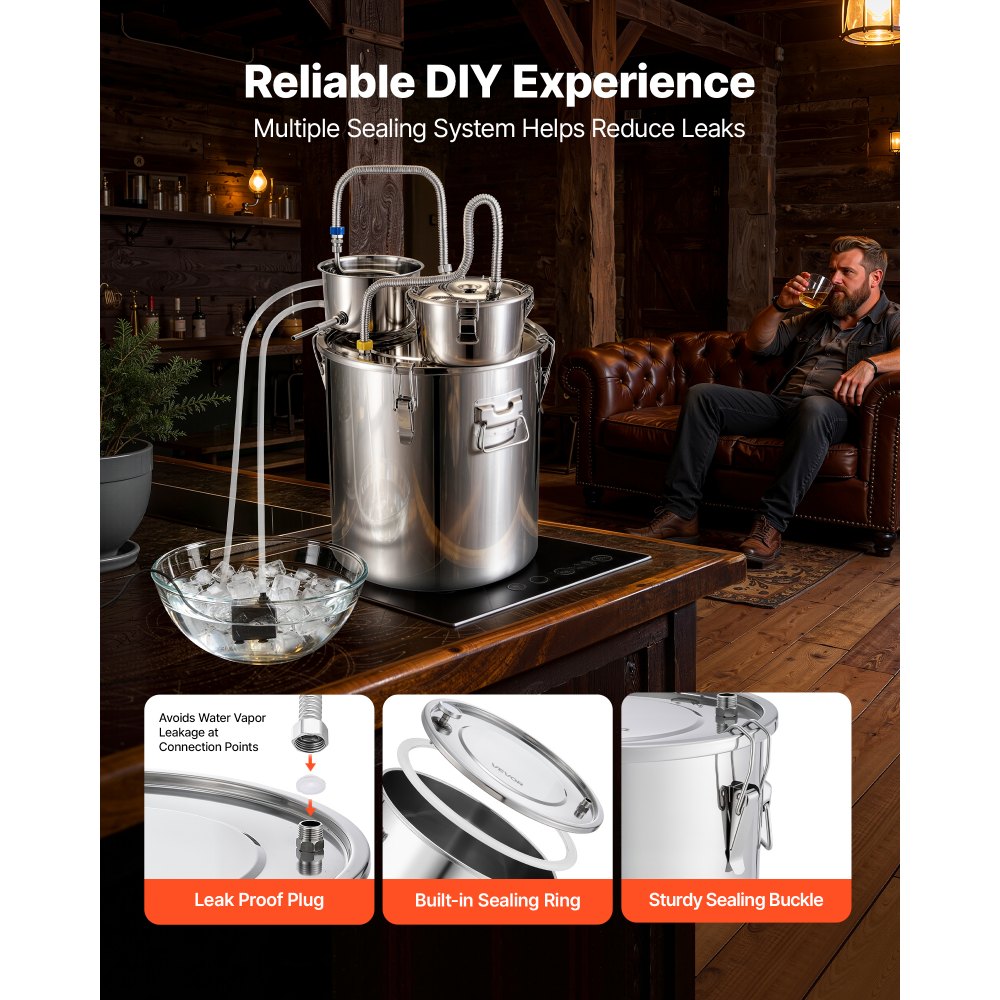 VEVOR Alcohol Still, 13.2 GAL/ 50L Alcohol Distiller with 10 x 16oz Glass Jars, Thumper Keg, Dual-scale Thermometer, and Water Pump, Home Brewing Kit for DIY Whiskey Wine Brandy