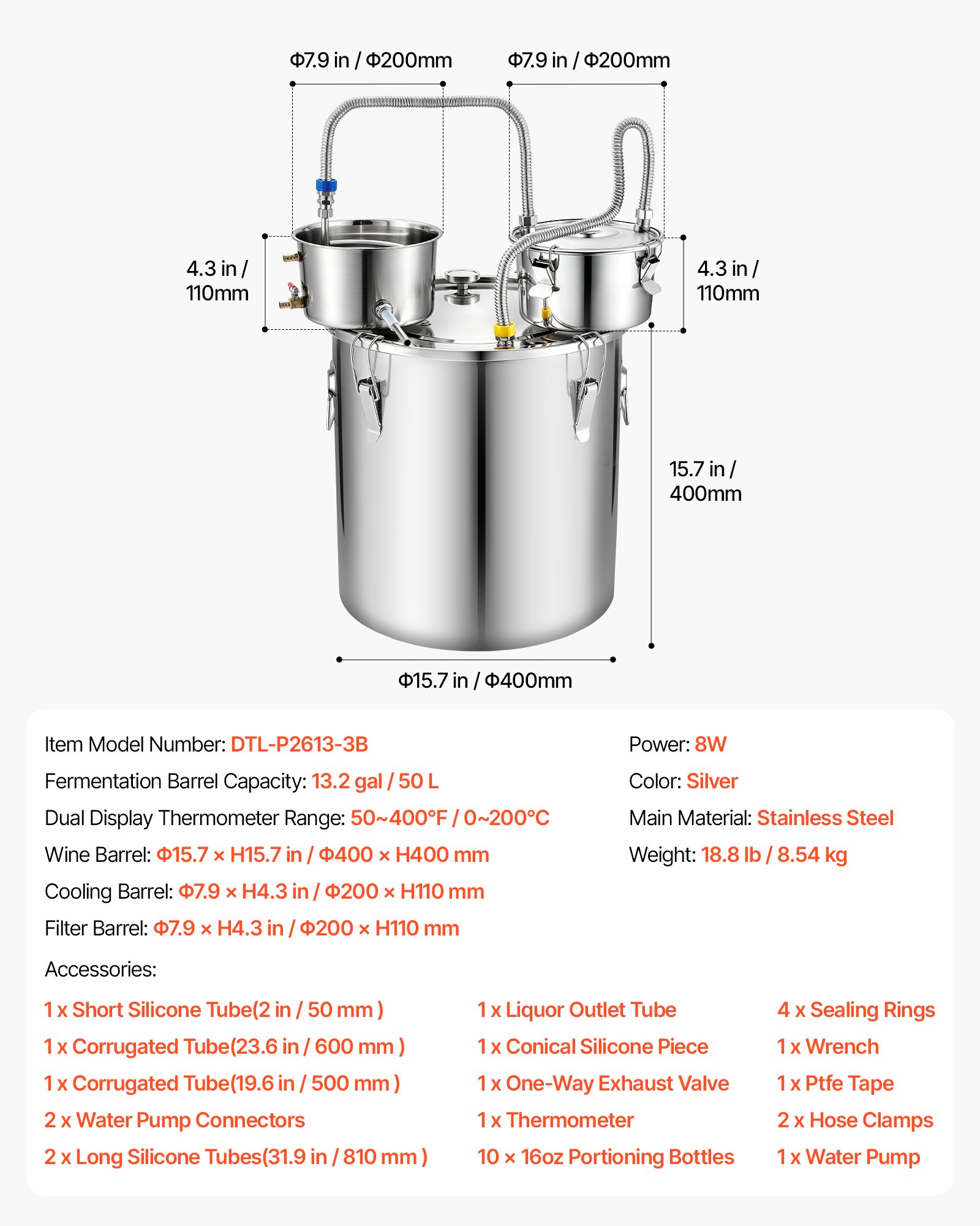 VEVOR Alcohol Still, 13.2 GAL/ 50L Alcohol Distiller with 10 x 16oz Glass Jars, Thumper Keg, Dual-scale Thermometer, and Water Pump, Home Brewing Kit for DIY Whiskey Wine Brandy