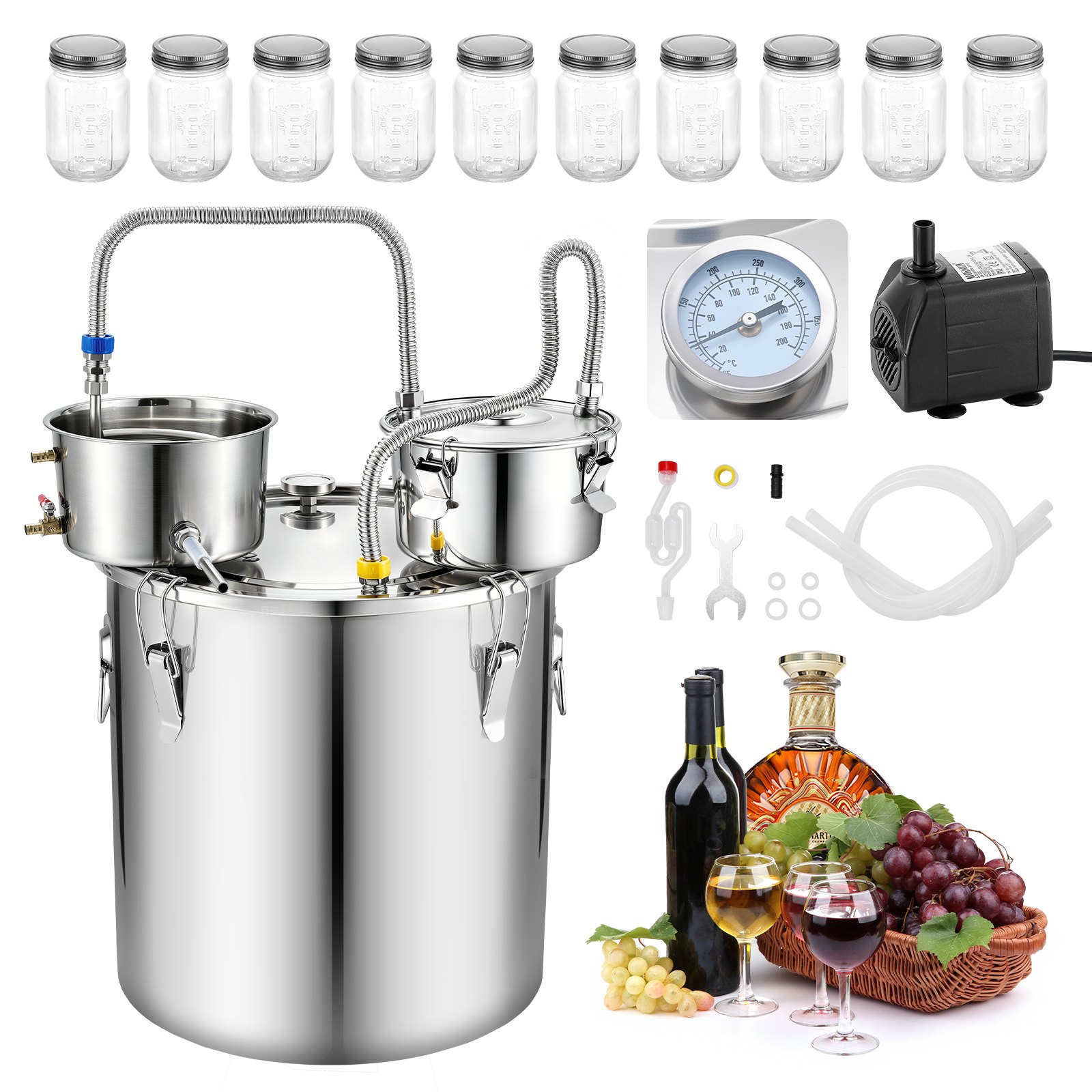 VEVOR Alcohol Still, 13.2 GAL/ 50L Alcohol Distiller with 10 x 16oz Glass Jars, Thumper Keg, Dual-scale Thermometer, and Water Pump, Home Brewing Kit for DIY Whiskey Wine Brandy