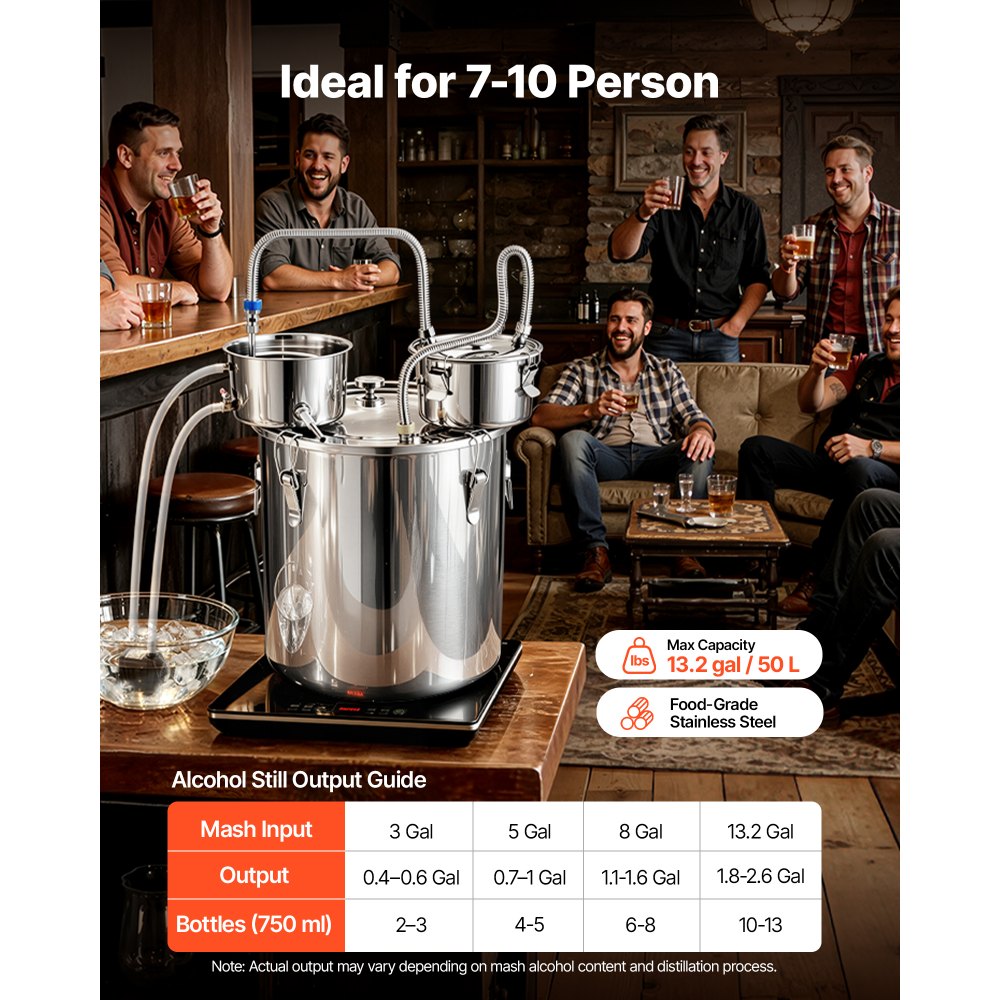 VEVOR Alcohol Still, 13.2 GAL/ 50L Alcohol Distiller with Thumper Keg, Dual-scale Thermometer, and Water Pump, Home Brewing Kit for DIY Whiskey Wine Brandy