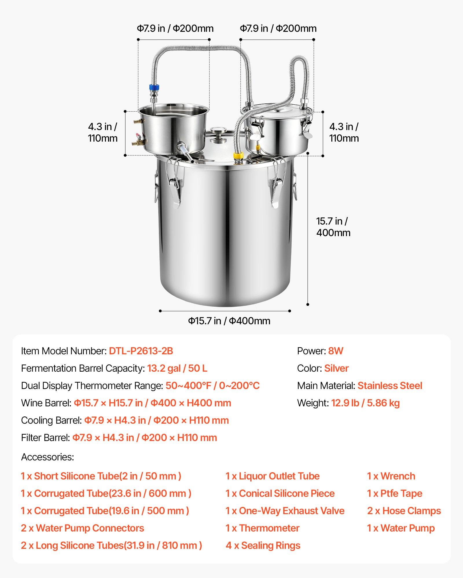 VEVOR Alcohol Still, 13.2 GAL/ 50L Alcohol Distiller with Thumper Keg, Dual-scale Thermometer, and Water Pump, Home Brewing Kit for DIY Whiskey Wine Brandy