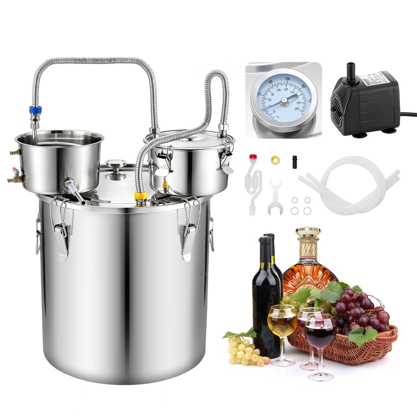 VEVOR Alcohol Still, 13.2 GAL/ 50L Alcohol Distiller with Thumper Keg, Dual-scale Thermometer, and Water Pump, Home Brewing Kit for DIY Whiskey Wine Brandy