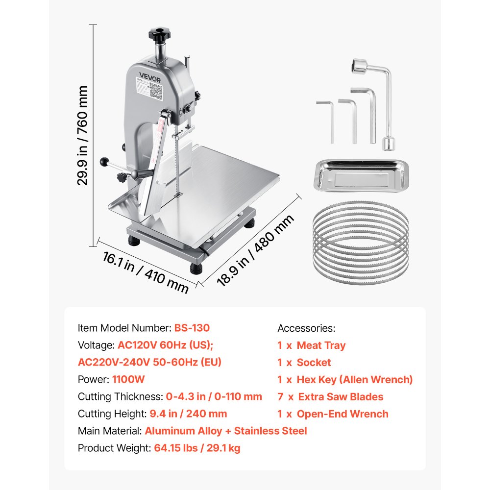 VEVOR Commercial Electric Meat Bandsaw, 1100W Bone Sawing Machine with 12.4" x 18.1" Workbench, 0-4.3" Cutting Thickness, 7 Extra Replacement Blades, for Cutting Bone, Frozen Meat, Pork, Beef & Ribs