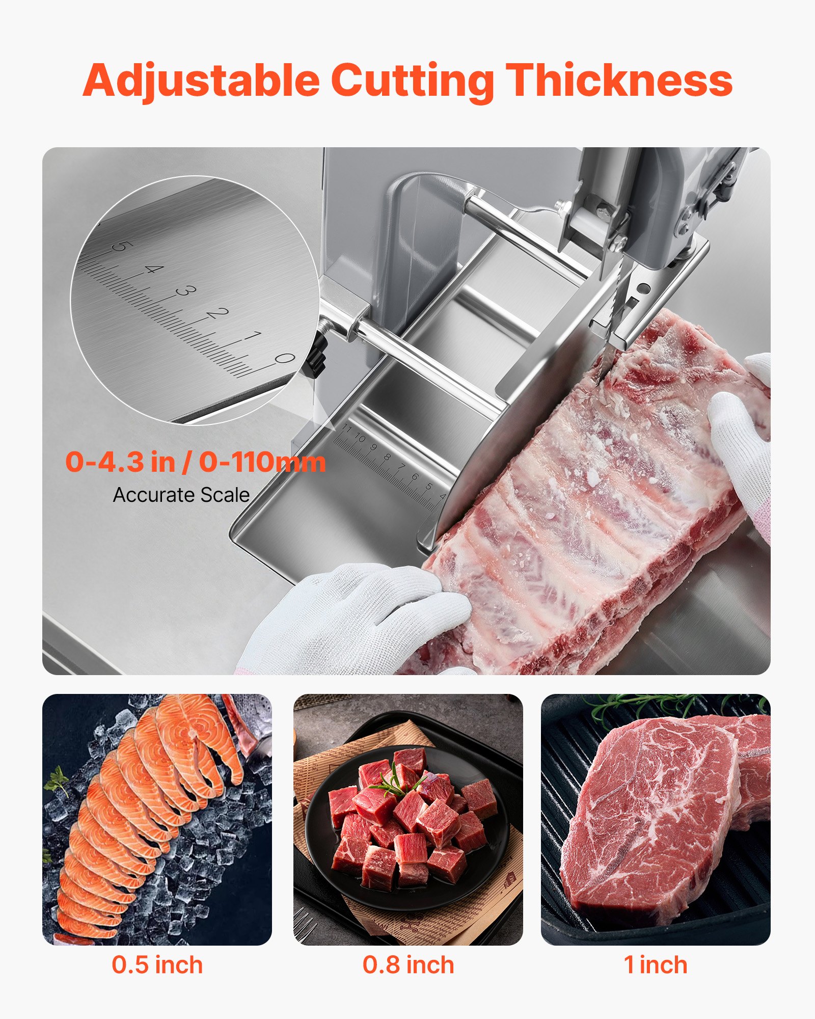 VEVOR Commercial Electric Meat Bandsaw, 1100W Bone Sawing Machine with 12.4" x 18.1" Workbench, 0-4.3" Cutting Thickness, 7 Extra Replacement Blades, for Cutting Bone, Frozen Meat, Pork, Beef & Ribs