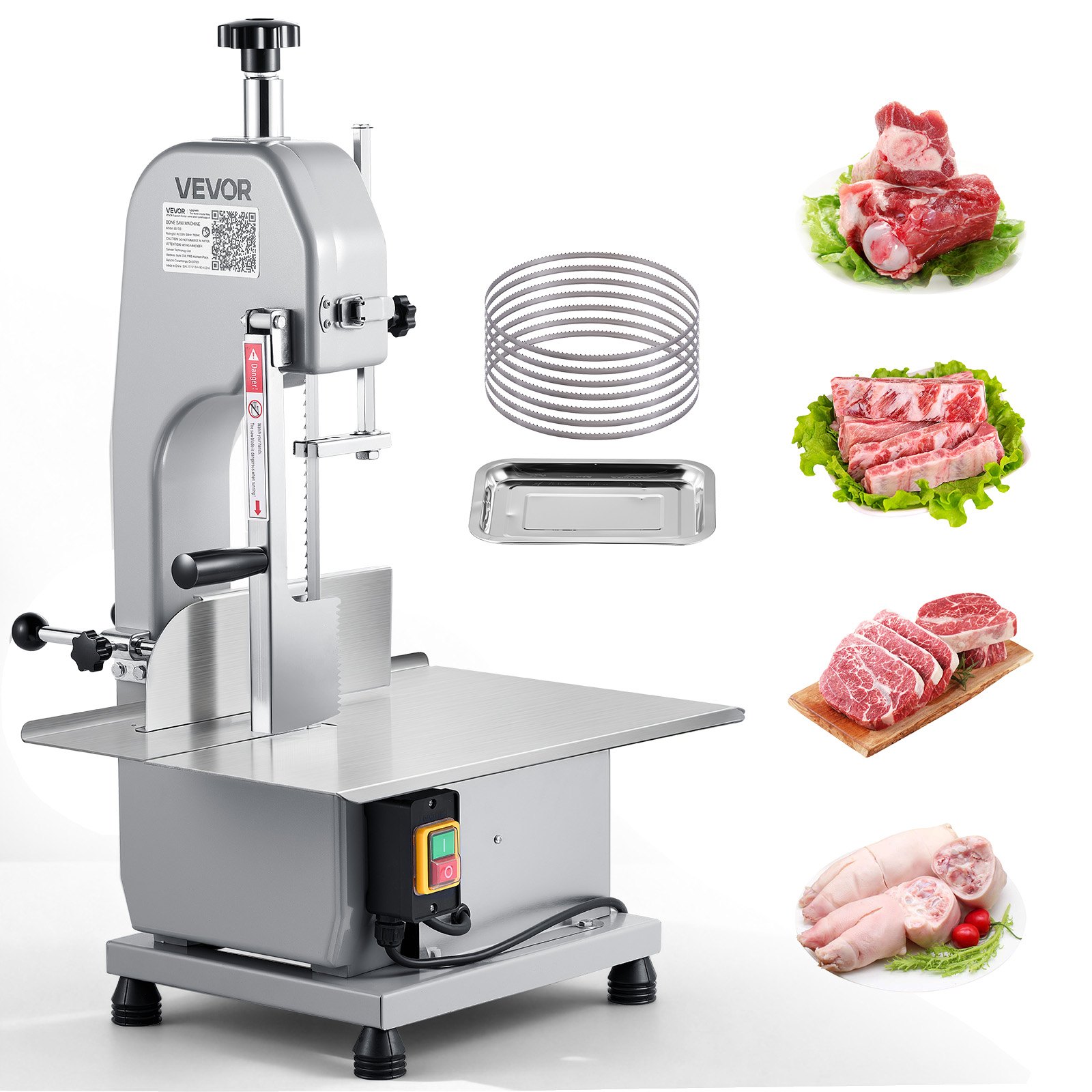 VEVOR Commercial Electric Meat Bandsaw, 1100W Bone Sawing Machine with 315 x 460 mm Workbench, 0-110 mm Cutting Thickness, 7 Extra Replacement Blades, for Cutting Bone, Frozen Meat, Pork, Beef & Ribs