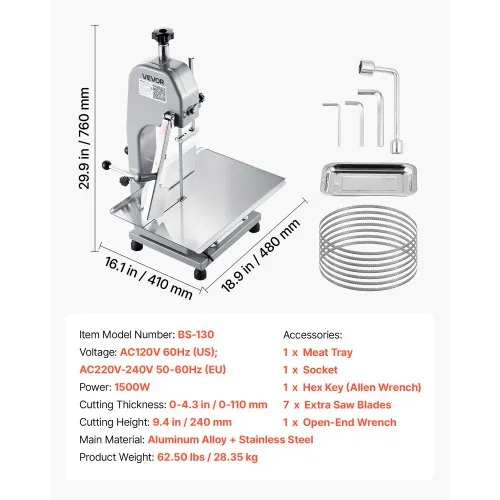 VEVOR Commercial Meat Bandsaw – 1500W Bone Saw With 12.4"x18.1" Table, 0–4.3" Adjustable Cut, 7 Extra Blades – For Frozen Meat, Pork, Beef & Ribs