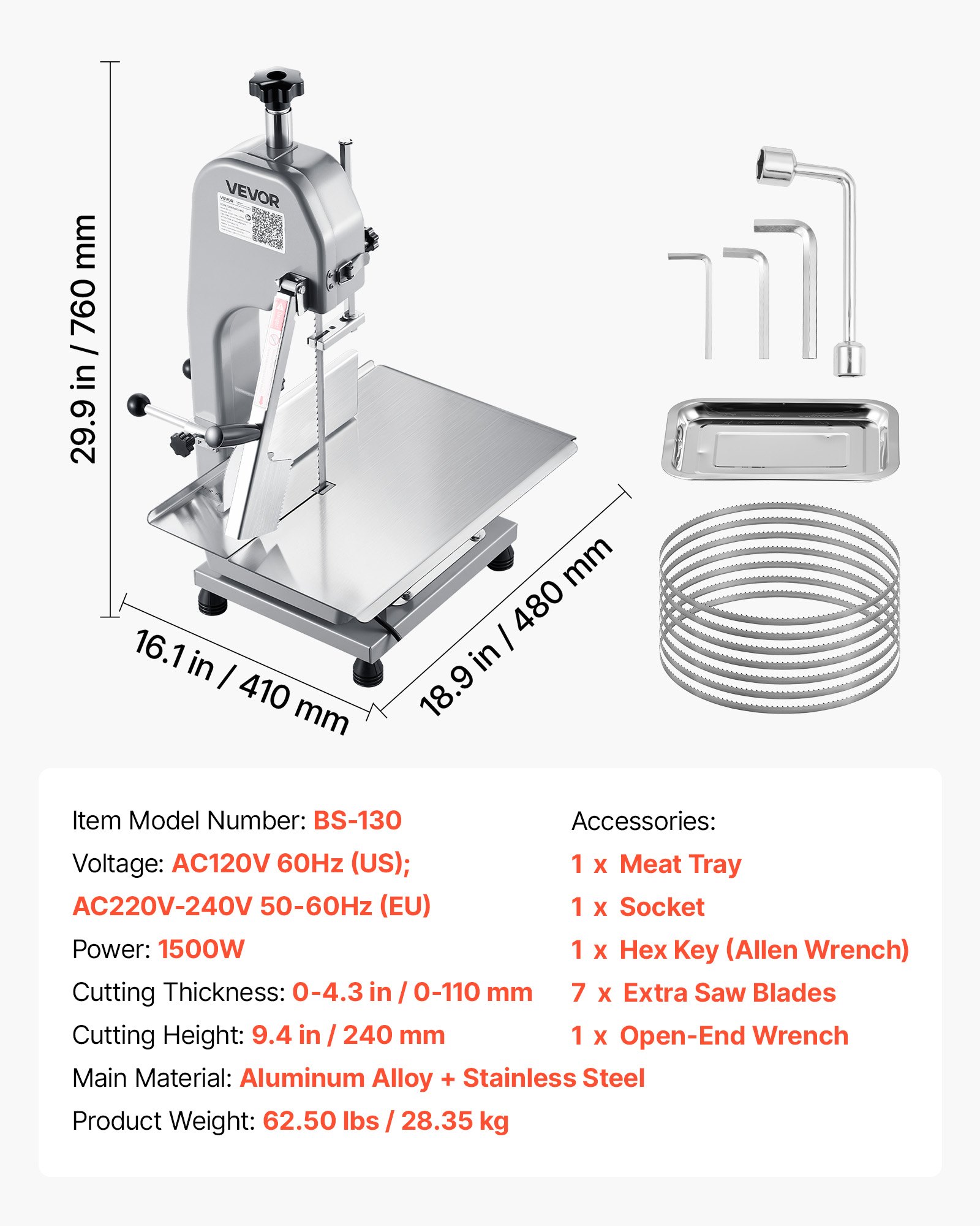 VEVOR Commercial Electric Meat Bandsaw, 1500W Bone Sawing Machine with 315 x 460 mm Workbench, 0-110 mm Cutting Thickness, 7 Extra Replacement Blades, for Cutting Bone, Frozen Meat, Pork, Beef & Ribs