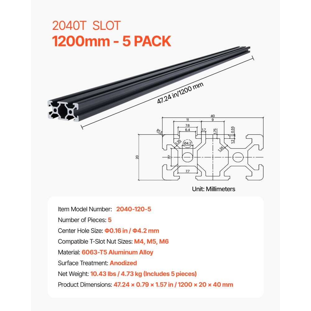 VEVOR 5PCS 47.2 in (1200mm) T Slot 2040 Aluminum Extrusion Profile, European Standard Anodized Linear Rail, High-Strength Extruded Aluminum Rail for 3D Printer, CNC Machine DIY, Laser Engraving, Black