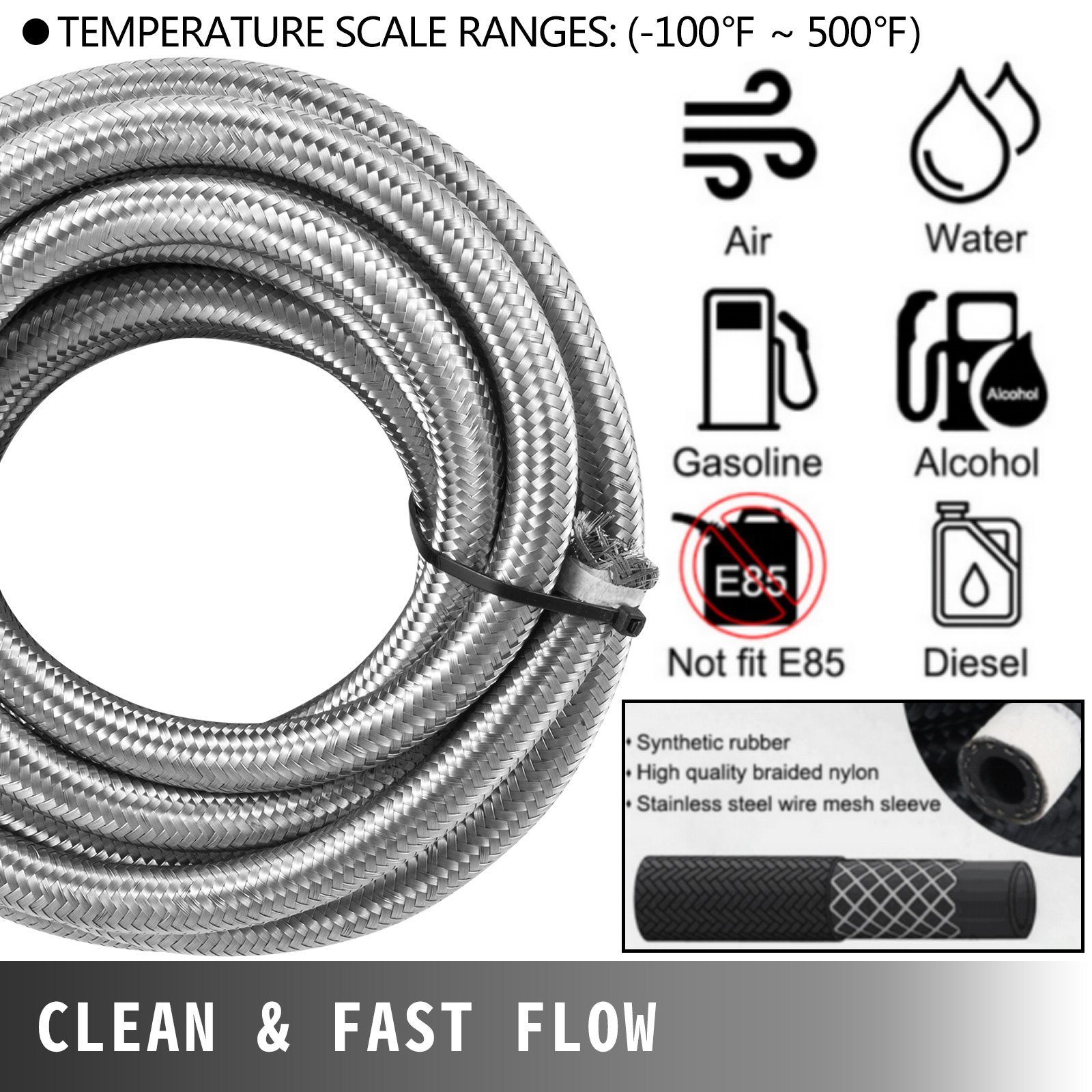 High Quality AN8 Stainless Steel PTFE Fuel Line 20FT Fitting Hose End Kit