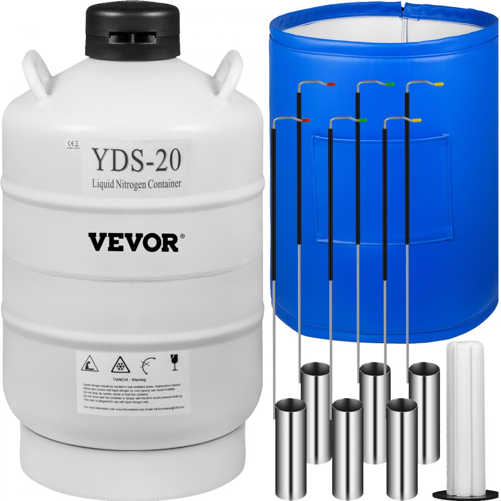 VEVOR 20L flytende nitrogenbeholder Kryogenbeholder LN2 Tank Dewar med stropper 6 stk beholdere for laboratorie