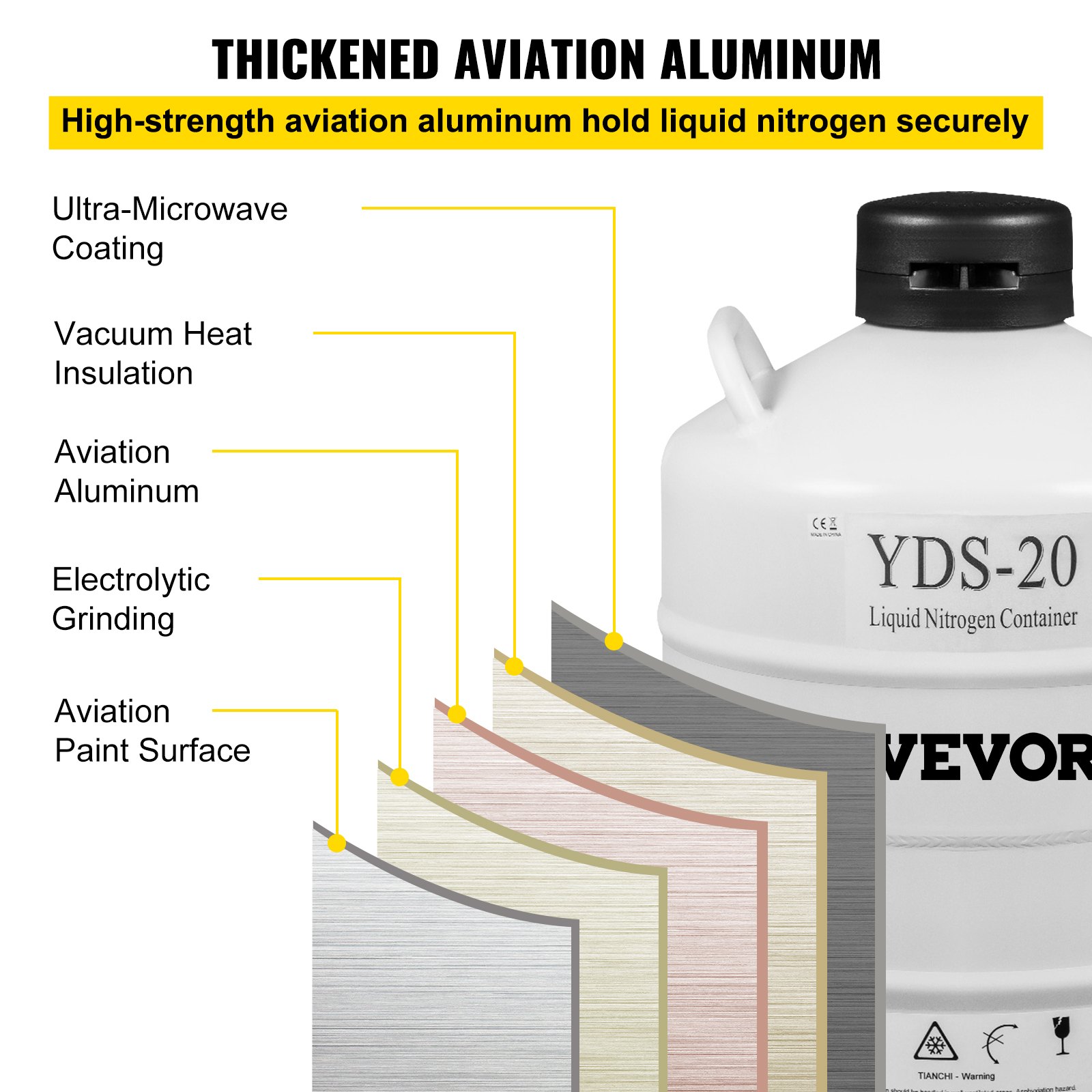 VEVOR liquid nitrogen tank with thick aviation aluminum and heat insulation layers.