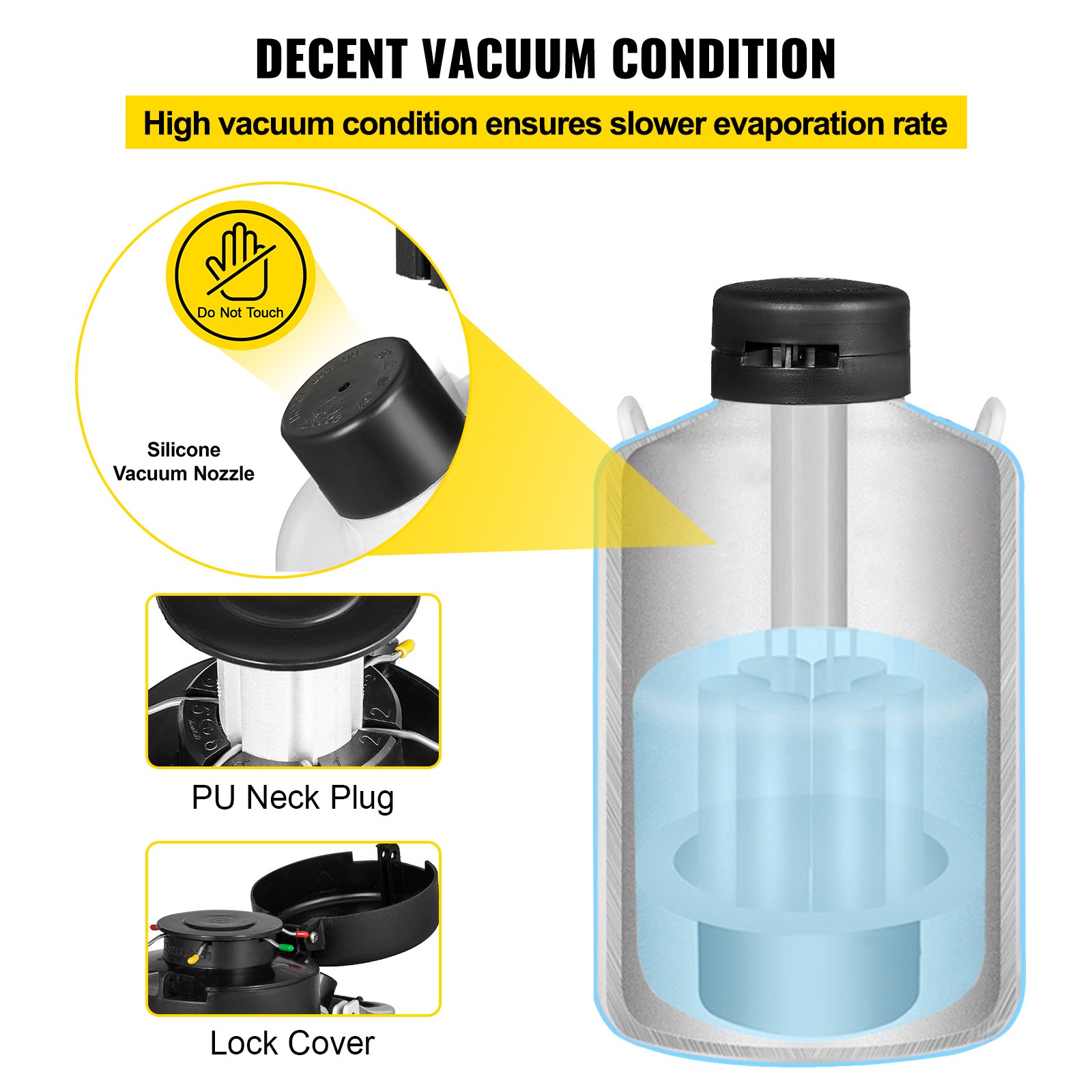VEVOR liquid nitrogen tank with silicone vacuum nozzle, pu neck plug, and lock cover.