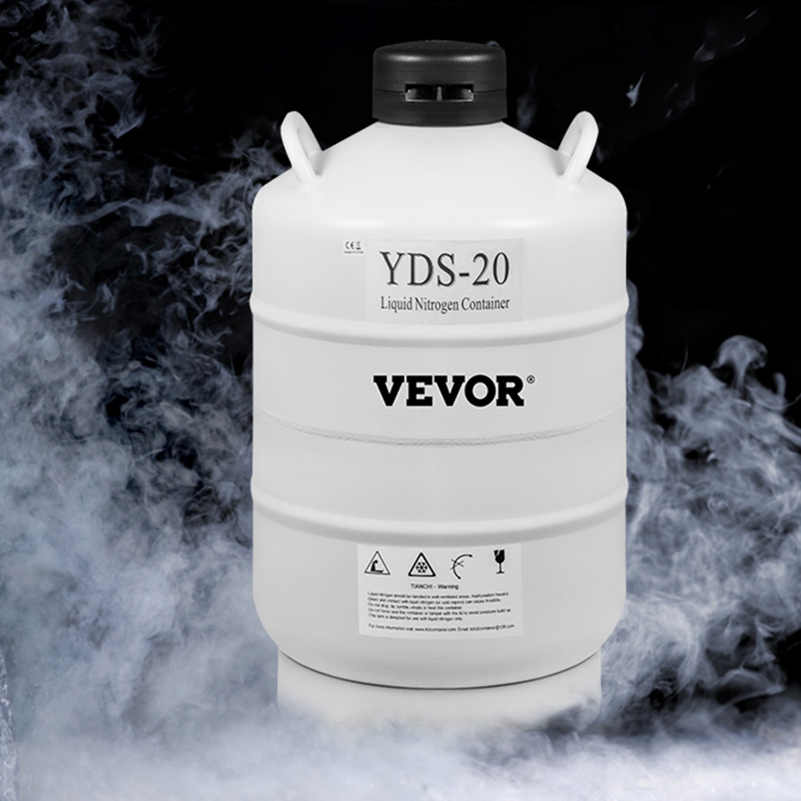 VEVOR liquid nitrogen tank yds-20 amidst swirling vapors.